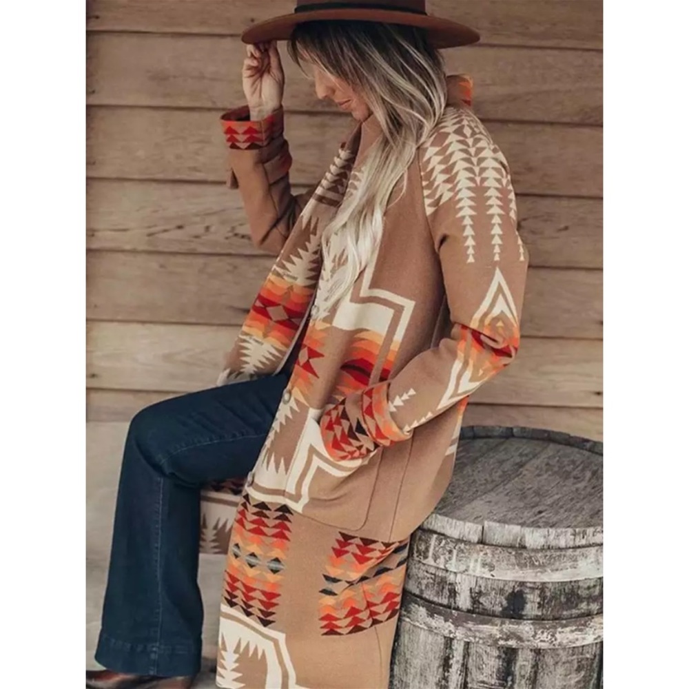 Western Boho Tribal Camel Button Up Peacoat Coat